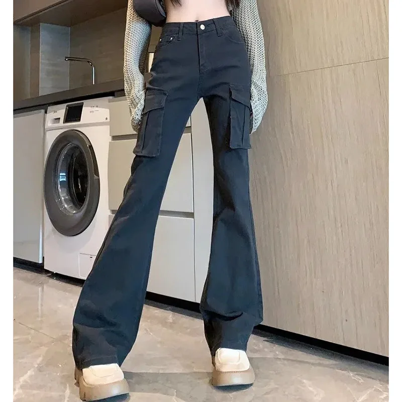 

American Style Women High Waisted Micro Horn Trousers Female Solid Color Straight Cylinder Pants Ladies Autumn Fashion Pantalons