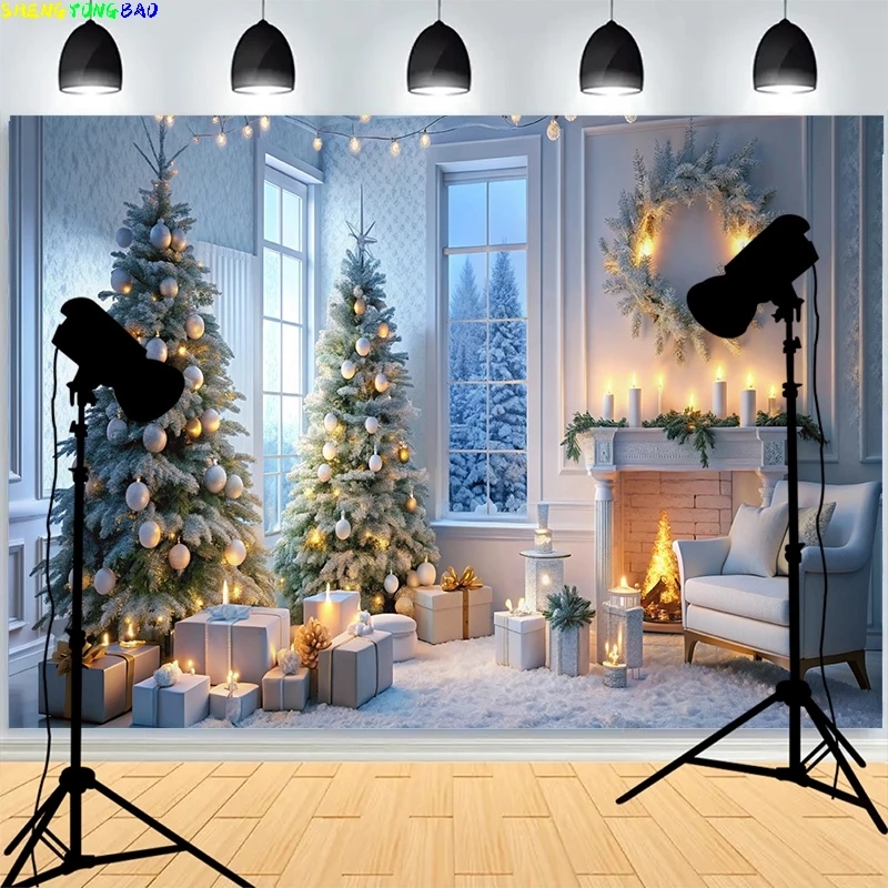 

Merry Christmas Day Tree Balls Photography Backdrops Fireplace Winter Xmas Plant Wedding Party New Years Photo Background XH-82