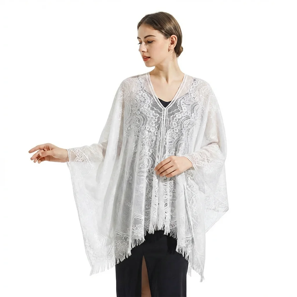 

Women Solid Lace Shawl Hollow-Out Cardigan Elegant Shawl Tassel Spring Breathable Lightweight Ethnic Style Shawl Women Wear