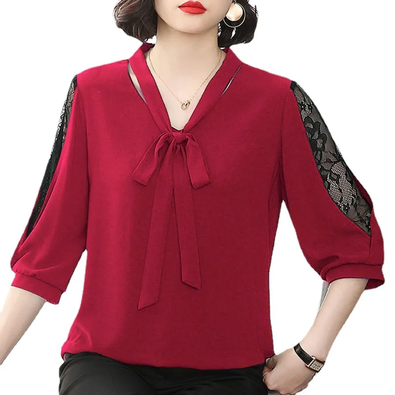 

Women Summer Tops Tees Sexy Vintage Blouse Hole Chiffon Lace Bow Ruched Half Sleeve Shirt Ruffles T Shirts Loose Casual Tees