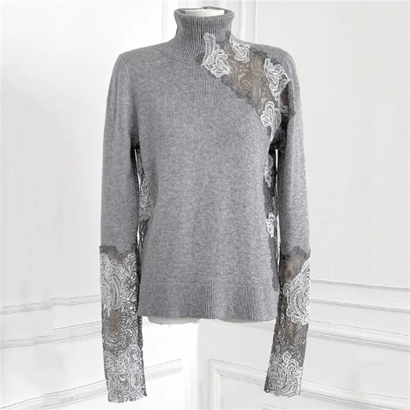Women's sweater New elastic knitted slim long sleeved top for spring 2026 Lace patchwork high neck pullover wool blend Knitwear