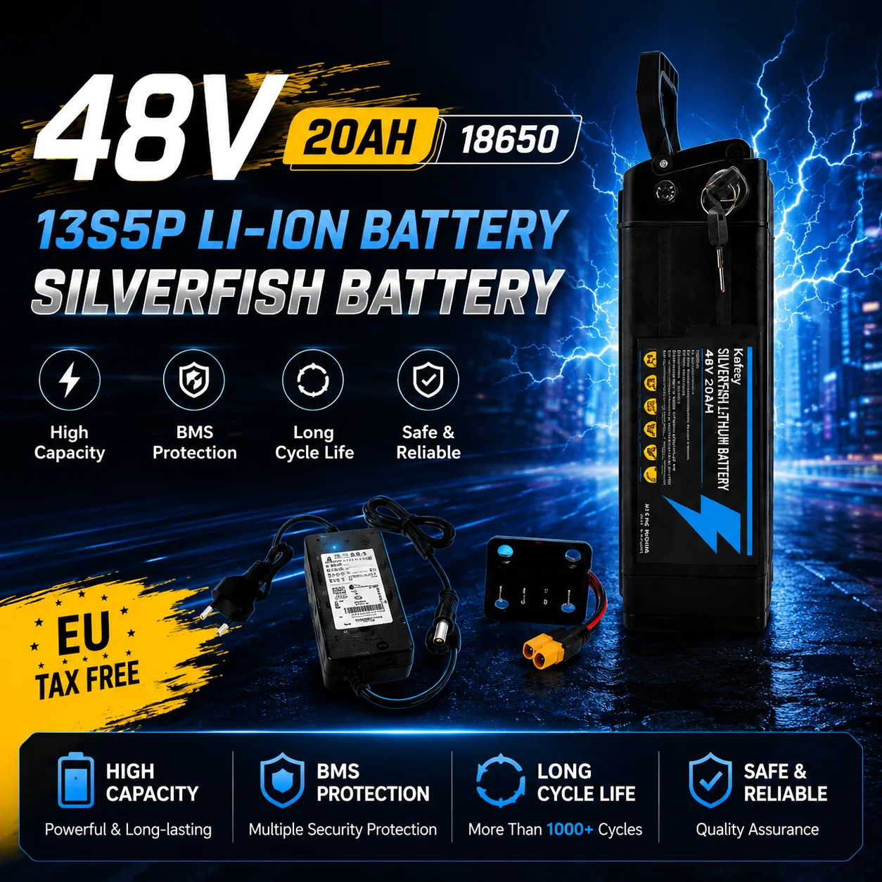 Silver Fish Lithium-Akku 36V 48V 52V 60V 10Ah 12Ah 15Ah 20Ah Herausnehmbarer E-Bike-Akku mit eingebautem BMS für 250W-1800W klappbare elektrische Zweiräder