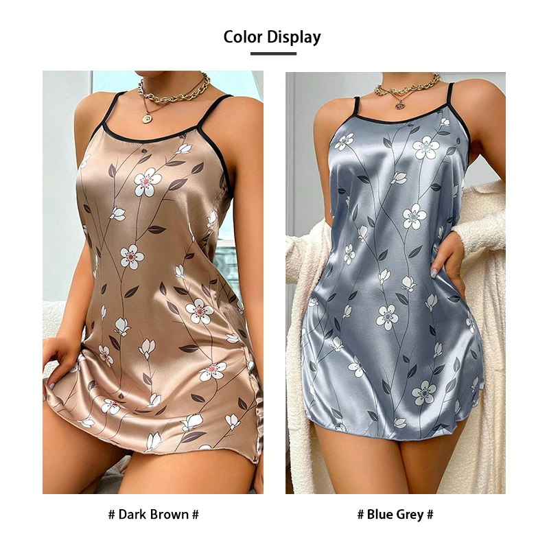 Women\'s Sleepwear Summer Floral Print Satin Nightgown Casual Sleeveless Backless Slip Night Dress Sexy Nightdress Home Clothes