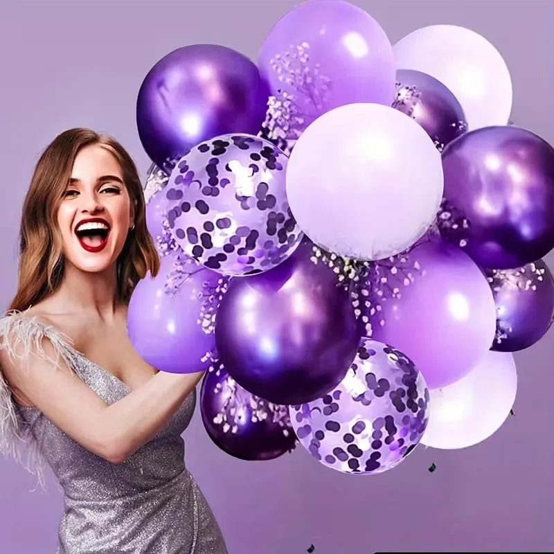 40 Stück metallische Macaron-Lila-Luftballons mit Konfetti, Partydekoration für Hochzeit, Geburtstag, Abschlussfeier