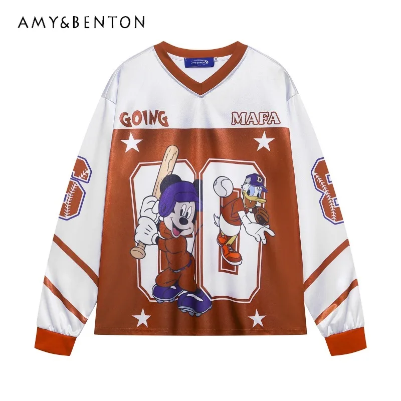 

American Retro Color Block Cartoon Number Print V-Neck Long Sleeved T-shirt Unisex Loose Casual Versatile Couple Jersey Tshirts