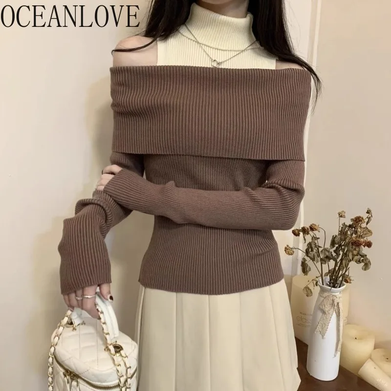 

OCEANLOVE водолазка женские свитера поддельные комплект из 2 предметов контрастного цвета пуловеры корейская мода осень зима Холтер тянет Femmes