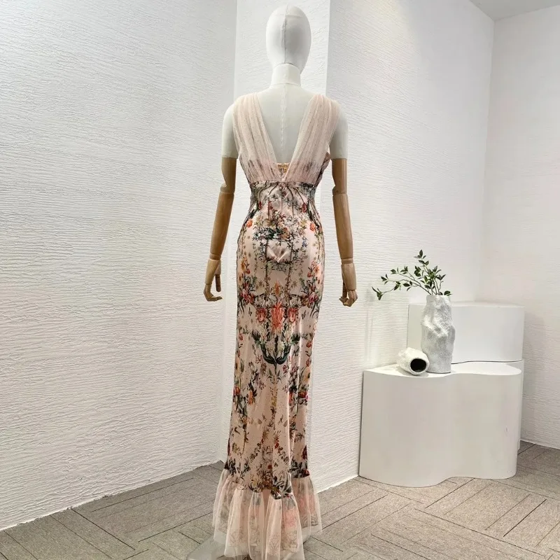 Pure Silk Maxi Mermaid Dress Coral Pink Nude Animal Floral Print Sleeveless Diamonds Pressed Deep V-Neck Lace Patchwork 2024