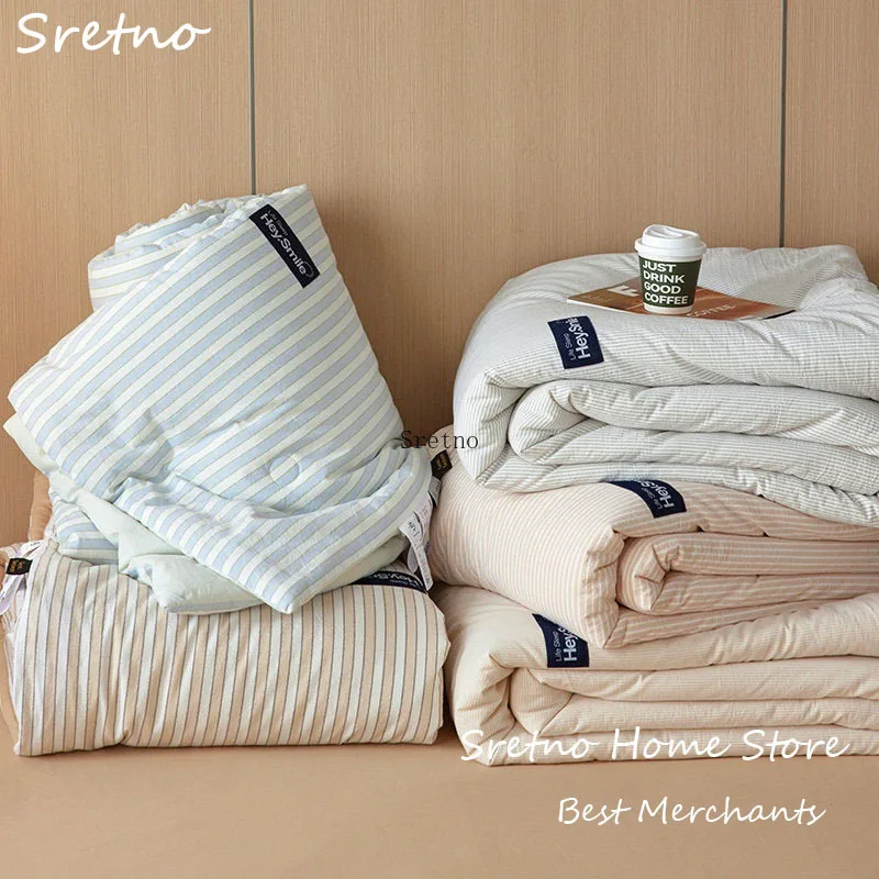 

SRETNO A-class Cotton Fine Stripe Thin Quilt Filled with Soybean Fiber Cool Comforter in Summer Air-conditioned Blanket Washable