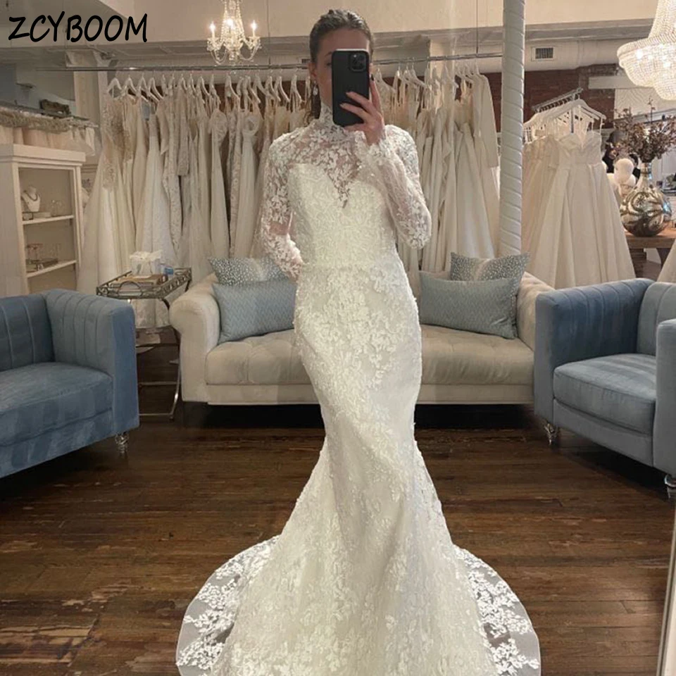 Customized Muslim High-Neck Appliques Long Sleeves White Wedding Dress 2024 Mermaid Floor Length Sweep Train  Zipper Bridal Gown