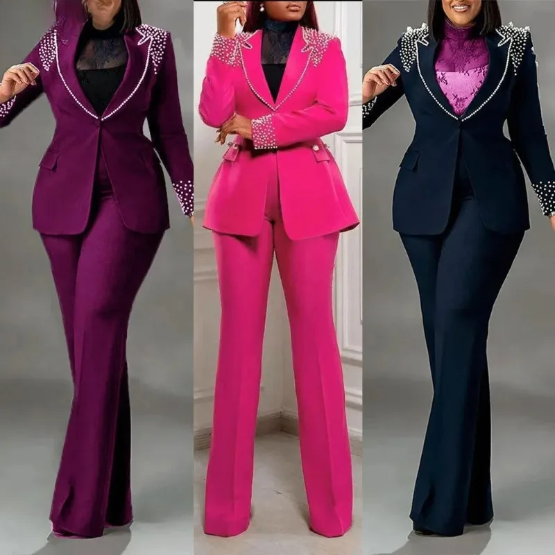 Elegant Lady Pearls Blazer Two Piece Sets Women V Neck Long Sleeve Slim Top And Pencil Pants Outfits Casual OL Clothing