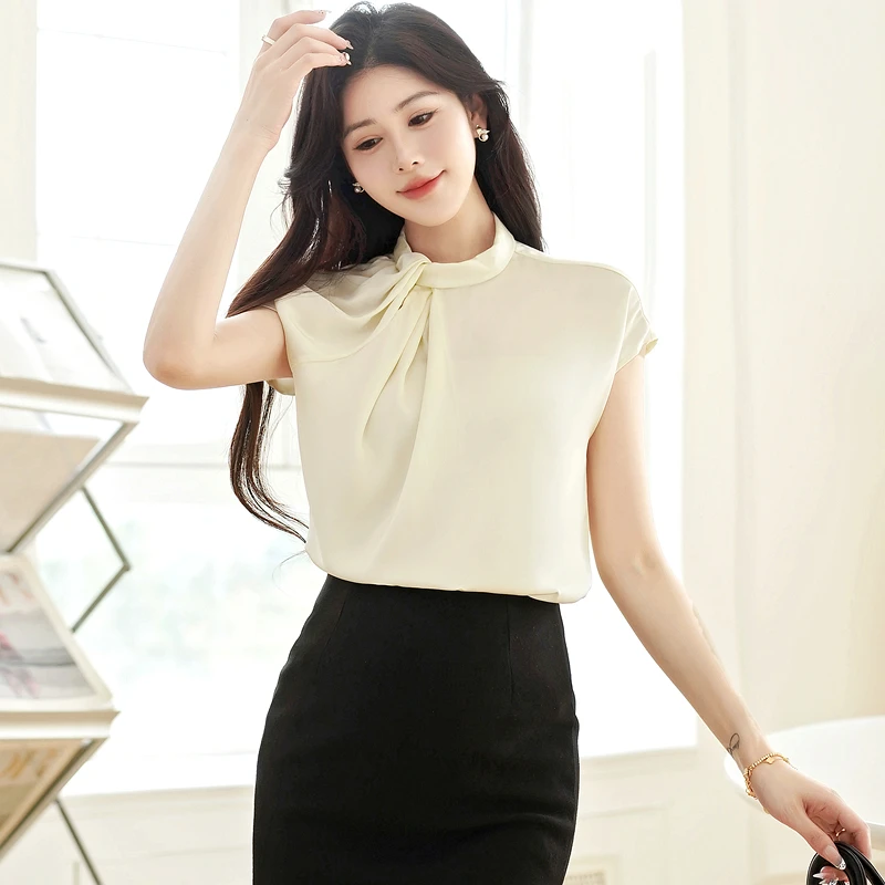 Blouse Women 2025 Summer New Pearl Bubble Champagne Womens Tops Korean Reviews Many Girls Clothes Asymmetric Stand Collar Shirt