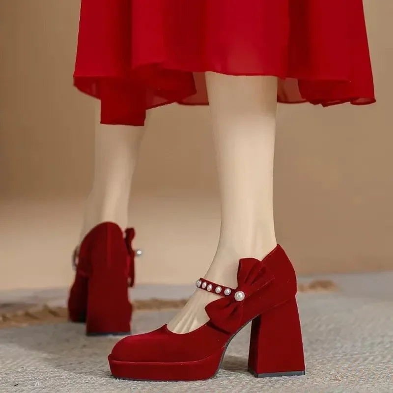 2024 New Women High Heels Mary Jane Comfort Shoes Party Wedding White Red Ruffles Bow Princess Lolita Pumps Size 34-40