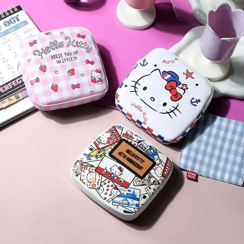 Hello Kitty Mini quadratische tragbare Aufbewahrungstasche mit Reißverschluss, Cartoon-Reise-Aufbewahrungstasche, bietet Platz für Damenkosmetik, Damenbinden, Binden