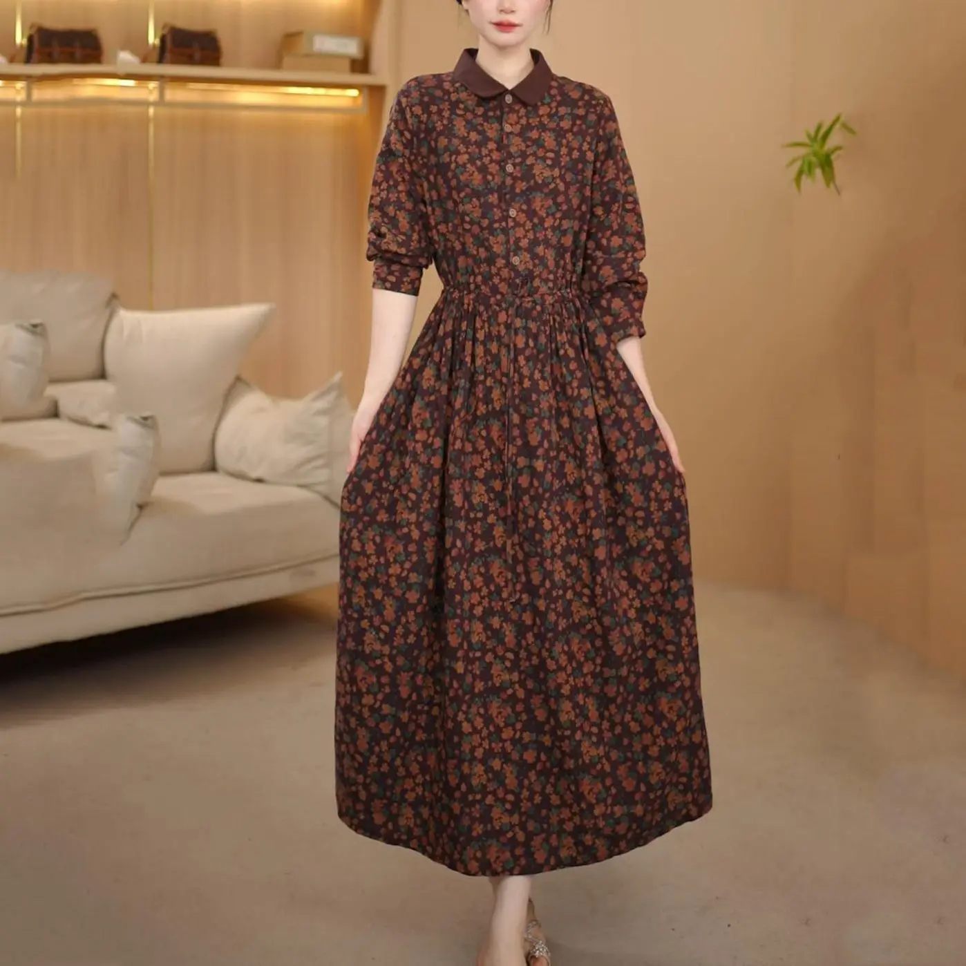 Sukienka damska midi z kołnierzykiem Piotrusia Pana, z lnu w kwiaty, w stylu vintage, z długim rękawem i paskiem, elegancka, plus size.