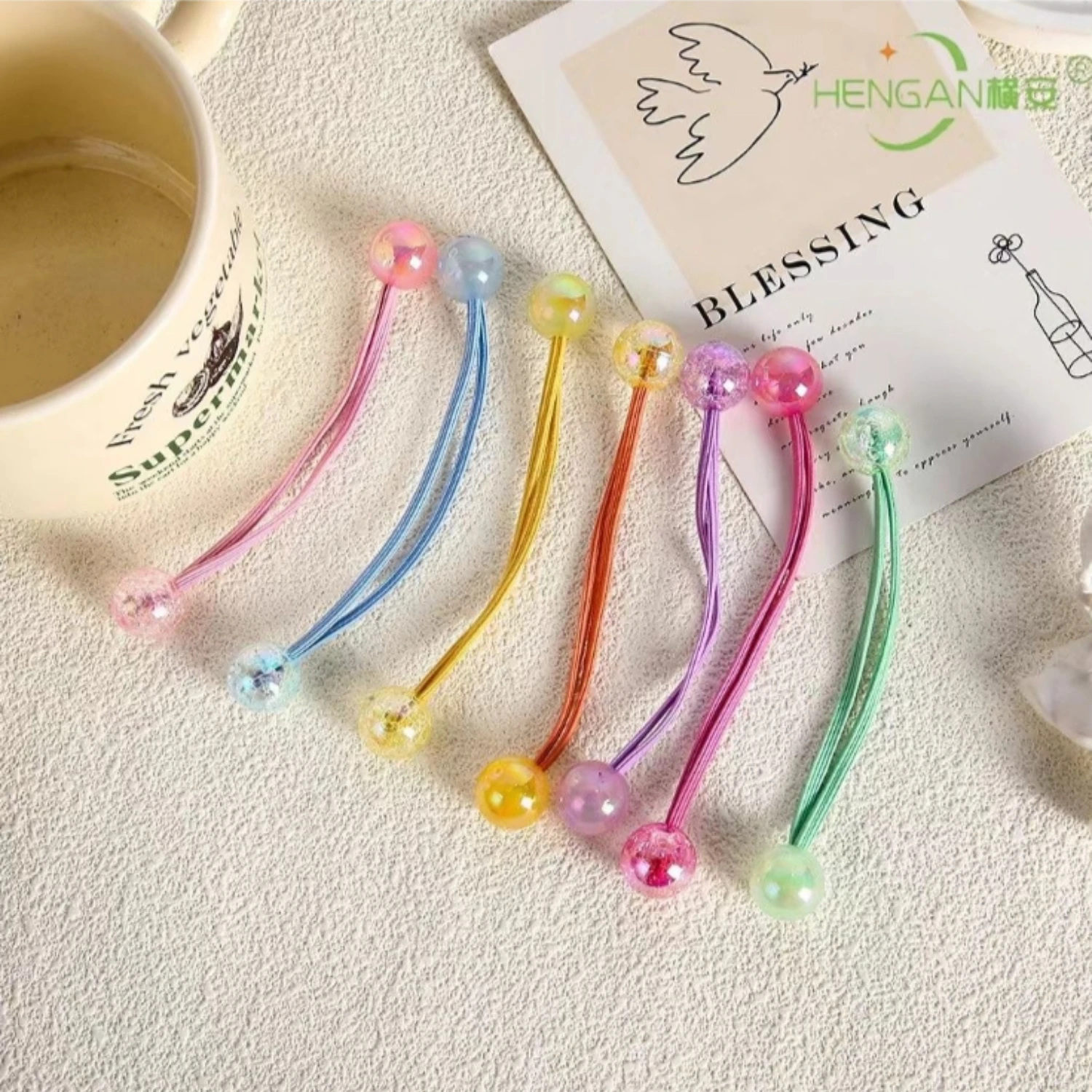 10/20/40/60 Cute girl headband with colorful ball beads, suitable for girls, sparkling acrylic bubble ponytail stand.