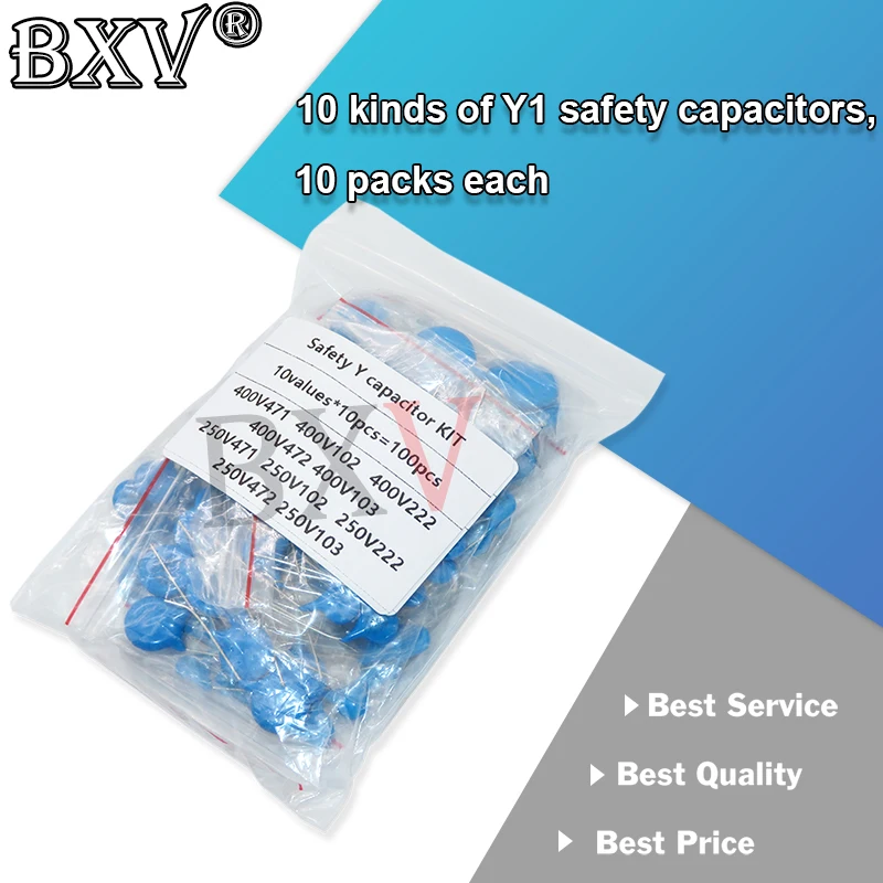 100PCS/Set 10Values 400VAC 250VAC Safety Y Capacitor KIT 471 102 222M 472M 103M Each 10PCS DIY KIT