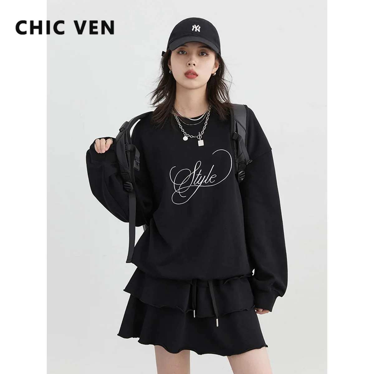 CHIC VEN Women's Pullovers Casual Loose O-neck Letter Embroidered Tops High Waist Tiered skirt Fashion Set Autumn Winter 2025