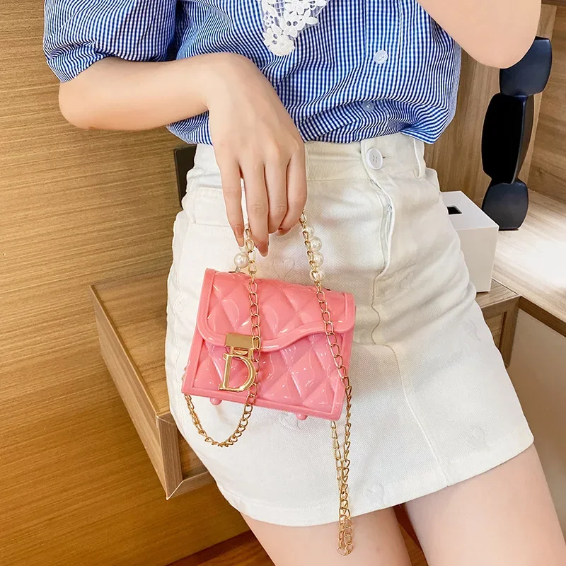 Women\'s bag 2024 new trend fashion diamond embossed chain mini jelly square bag versatile pearl handbag