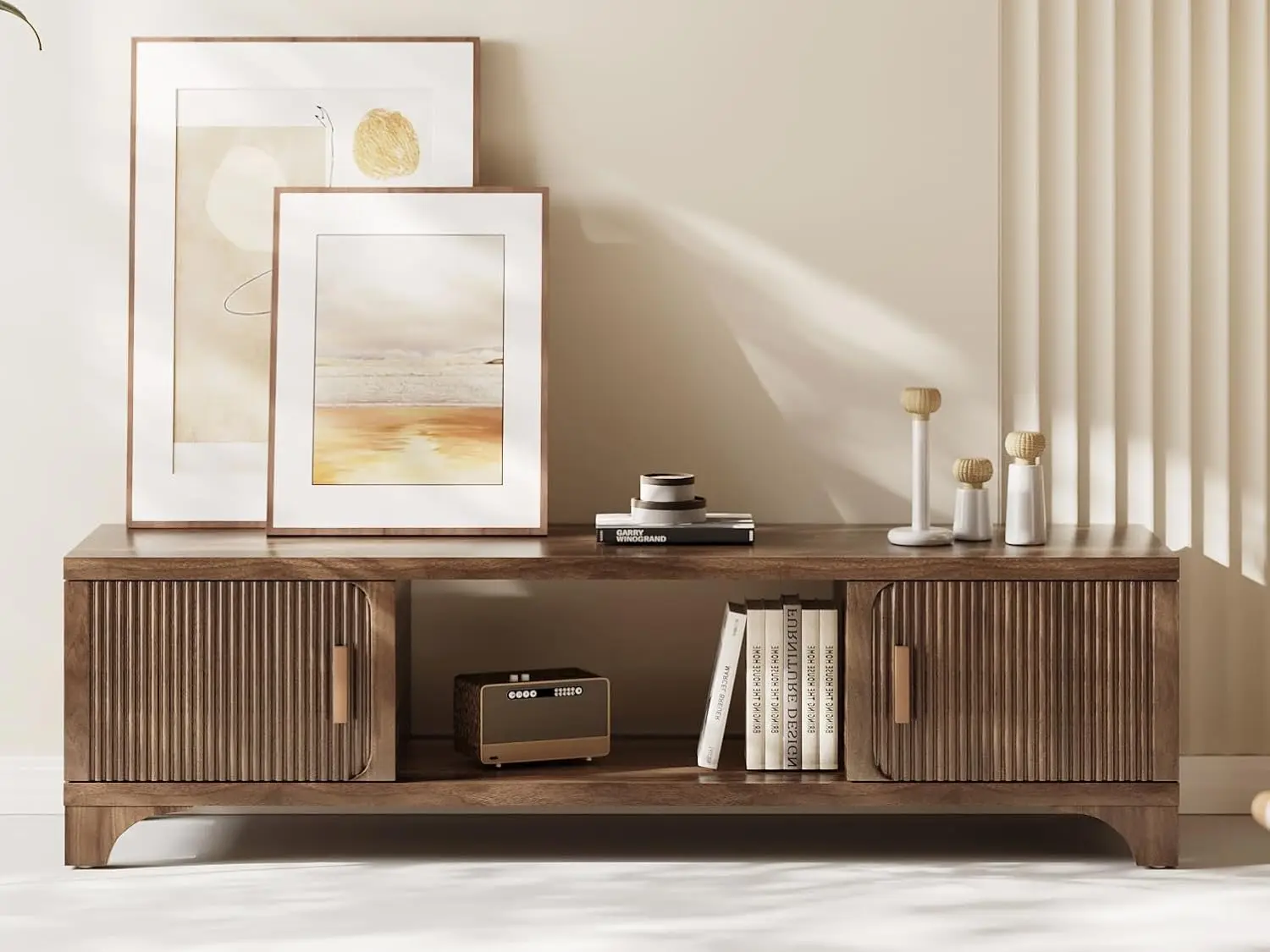 

Тумба под телевизор в стиле Mid-Century Modern для ТВ 55/60/65 дюймов, медиаконсоль в стиле бохо для гостиной, рифленый развлекательный центр для ТВ