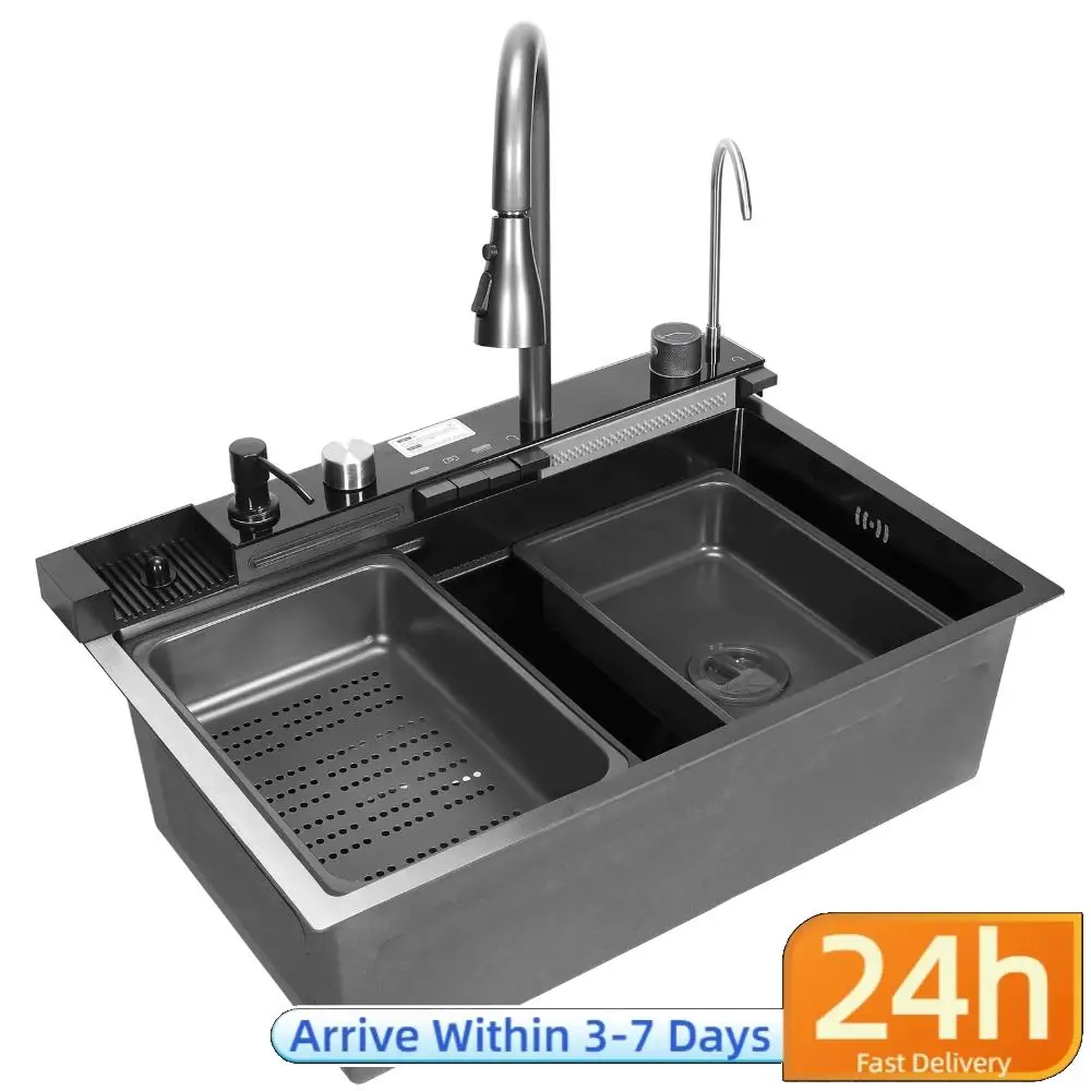 

Large Single Bowl with Drain Basket 304 Stainless Steel Workstation Bowl with Pull-Out Swivel Faucet With Pressurized Cup Washer