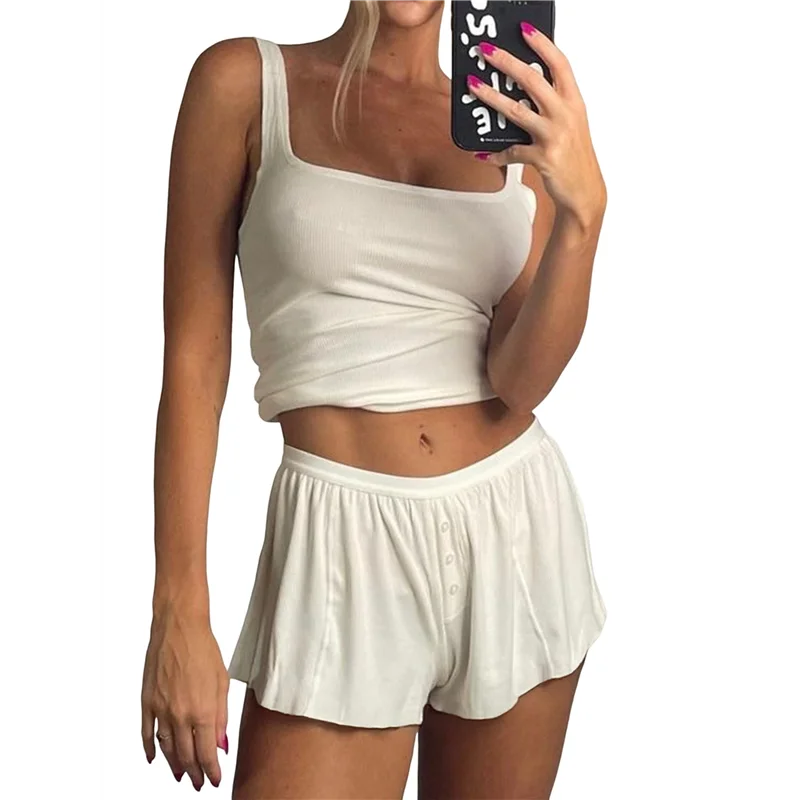 Conjunto feminino de verão para salão, regata curta de malha canelada e conjuntos curtos com bolso, roupas de férias