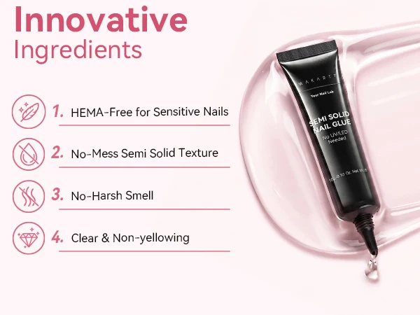 Makartt Hema-Free Semi Solid Nail Glue Strong Air-Dry 20s Fake Nail Tips Adhesive No UV Needed DIY Manicure 10ml Home Salon