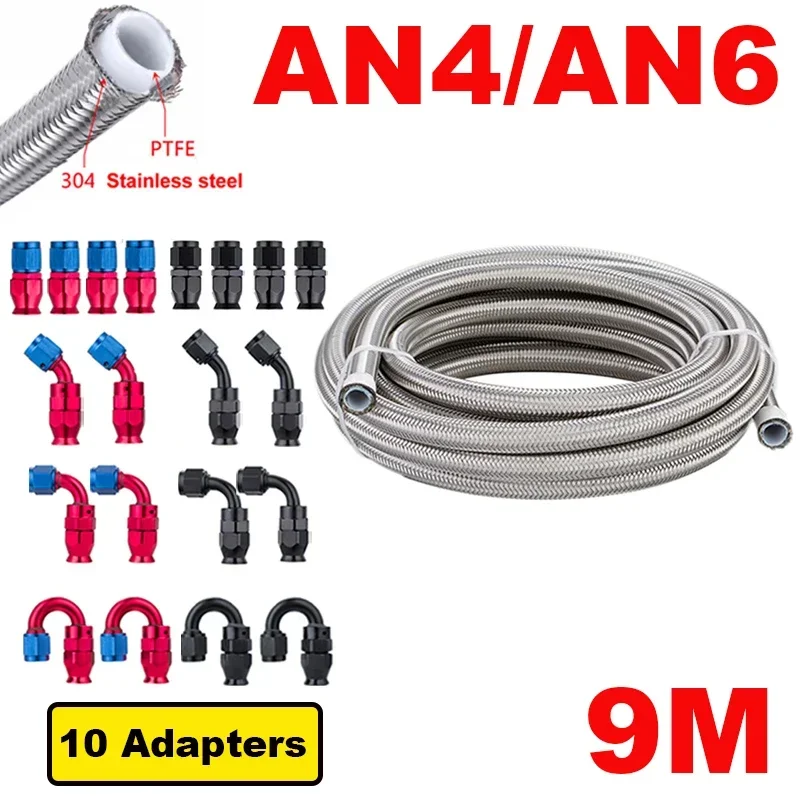 9M AN4 AN6 E85 Tube Stainless Steel Braided PTFE Fuel Hose Oil Gas Line Turbo Cooler Pipe 0+45+90+180 Degree 10pcs End Fittings