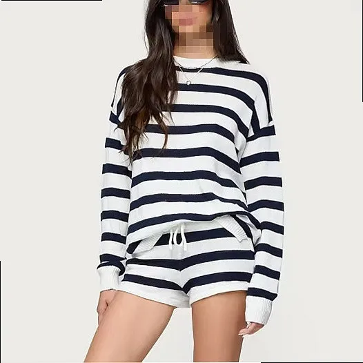 Fashionable Color Block Stripe Matching Set Long Sleeve Knit Top Tie Waist Shorts Two Piece Outfit