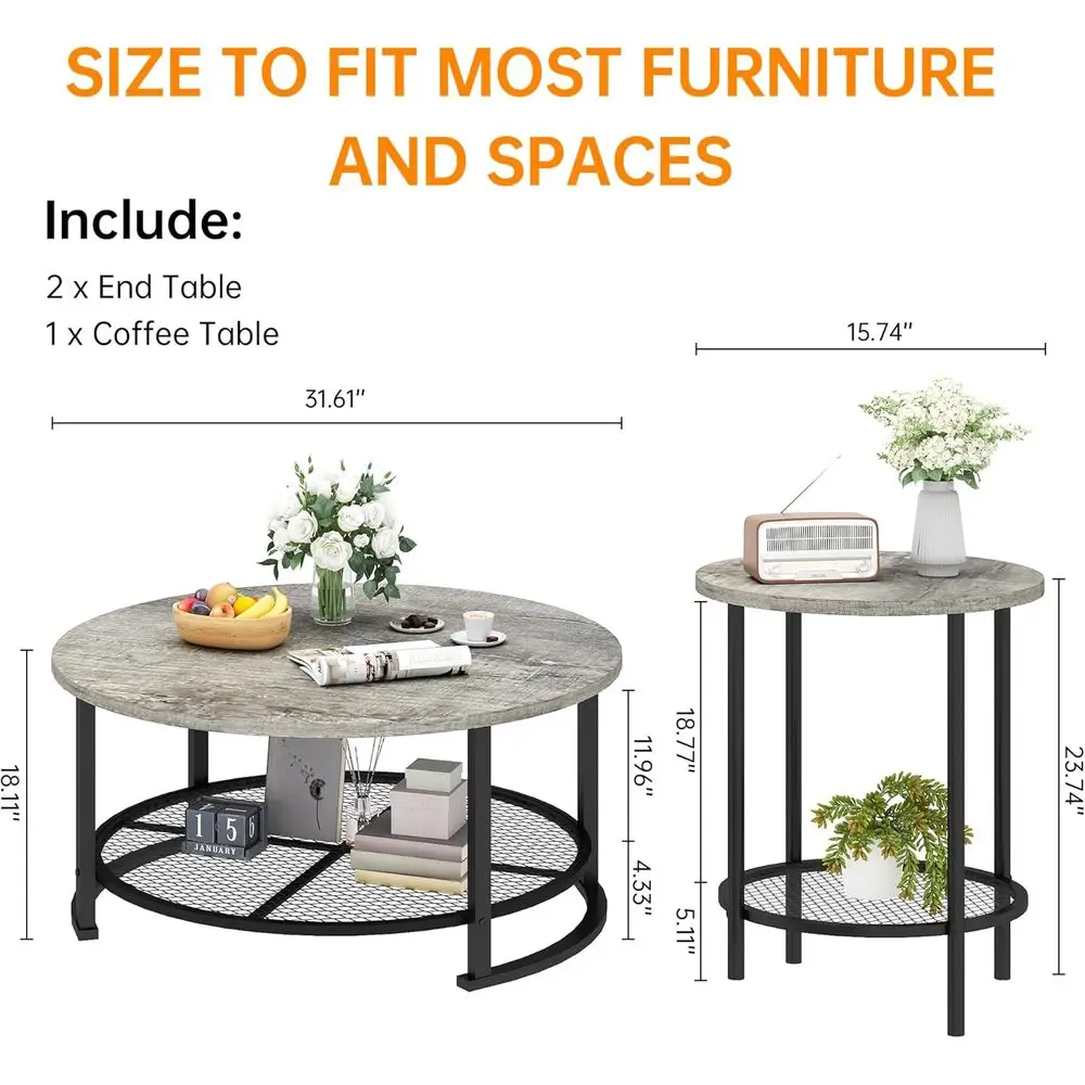 3-Piece Coee Table and End Table Sets or Living Room, Round Coee Table Set o 3 with Storage, ern armhouse Rustic Living Room Tab