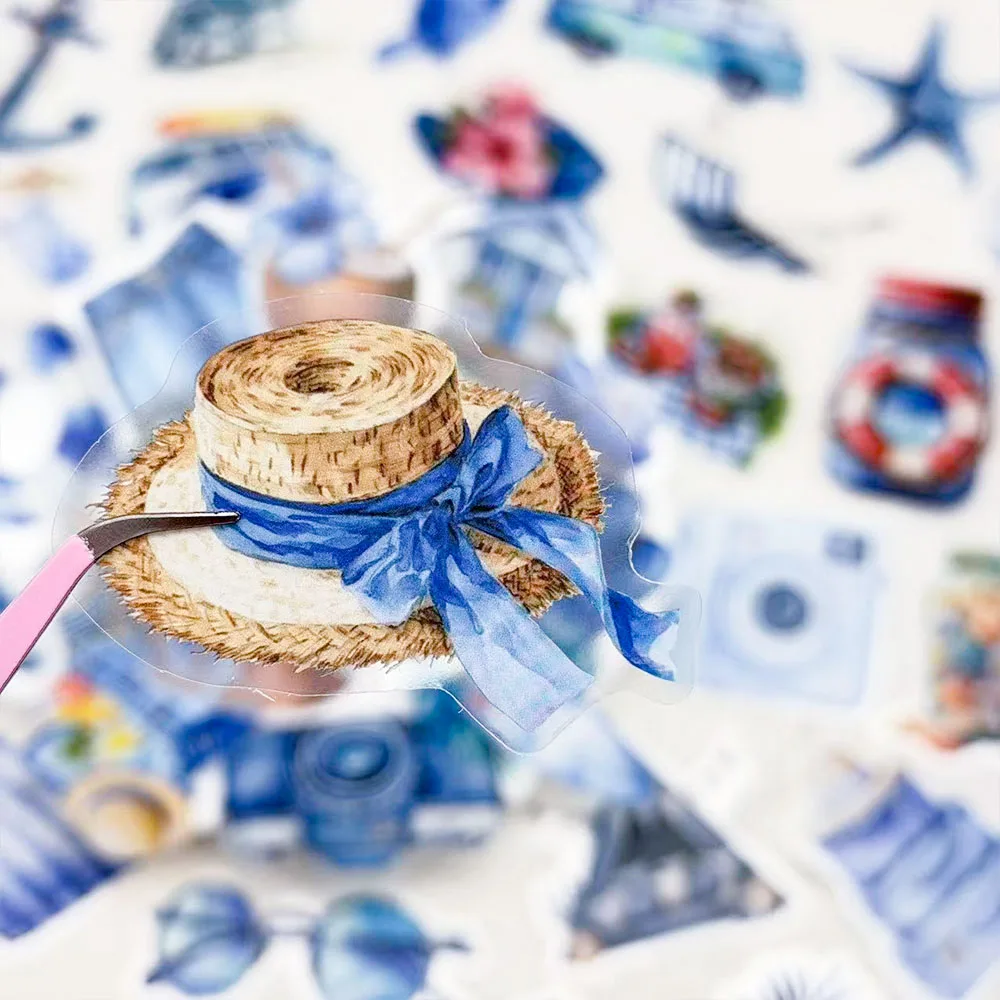 50pcs Cartoon Blue Summer Beach PET Stickers Decals For Laptop Notebook Surfboard Guitar DIY Aesthetic Transparent Stickers