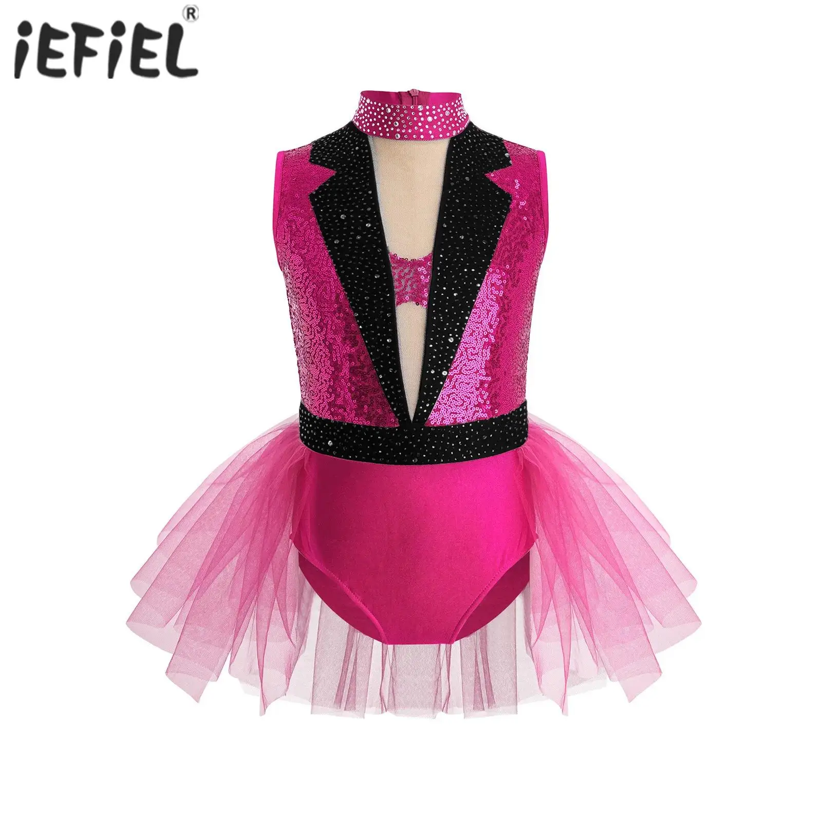 

Kids Girls Mesh Ballet Tulle Skirted Leotard Bodysuit Sparkling Sequin Rhinestone Ballet Jazz Dance Performance Dress Costume