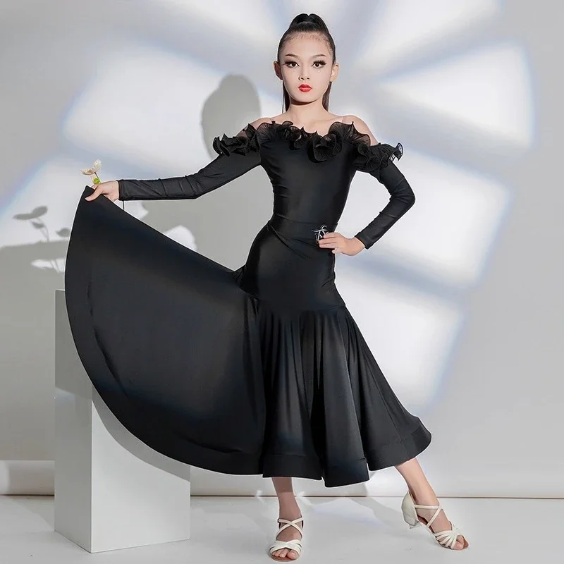 Nuevos trajes de baile latino, trajes de práctica para niñas, trajes negros de baile y actuación de salón de manga larga