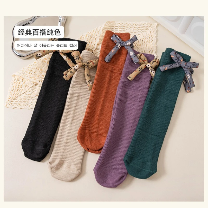 

Girl Socks Spring and Autumn Cute Small Flower Coffee Color Retro Middle Tube Socks Little Girl Student Baby Long Tube Socks