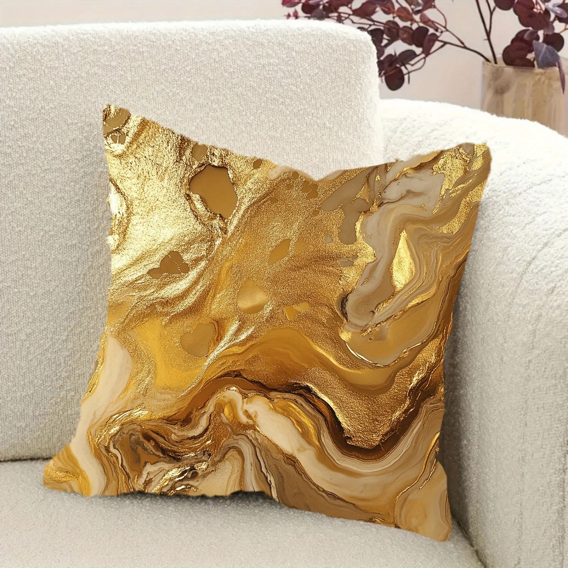 Luxurious Golden Liquid Marble Decorative Pillowcase, Metal Foil Design Cushion Cover for Modern Living Room Bedroom