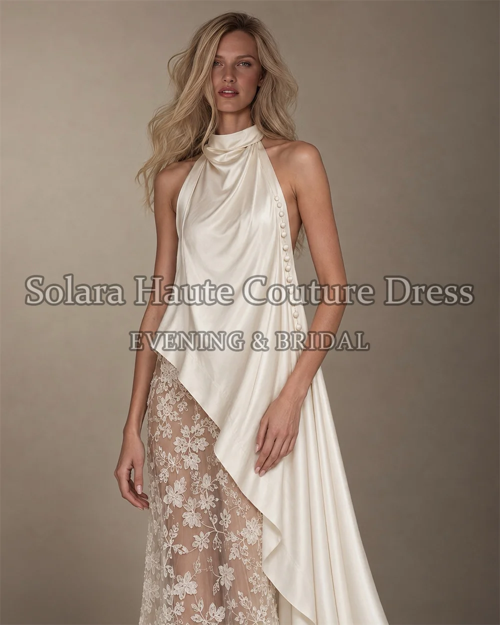 Chic Floor Length Evening Dress Halter Neck Draped Satin Sheer Floral Lace Asymmetrical Satin Train Side Buttons Formal Gown