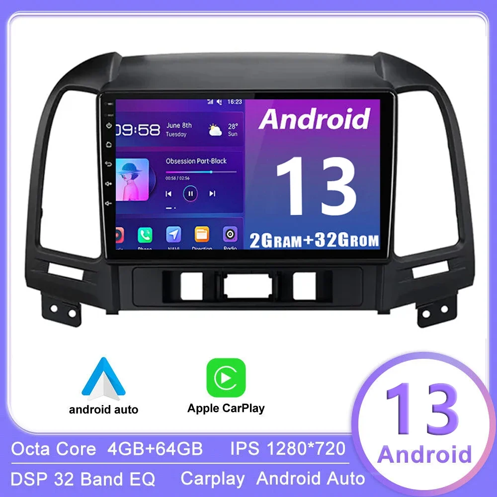 

2Din For Hyundai Santa Fe 2 2006-2012 4G Android13 Car Radio Multimedia Video Player Navigation GPS Wireless Carplay Head unit