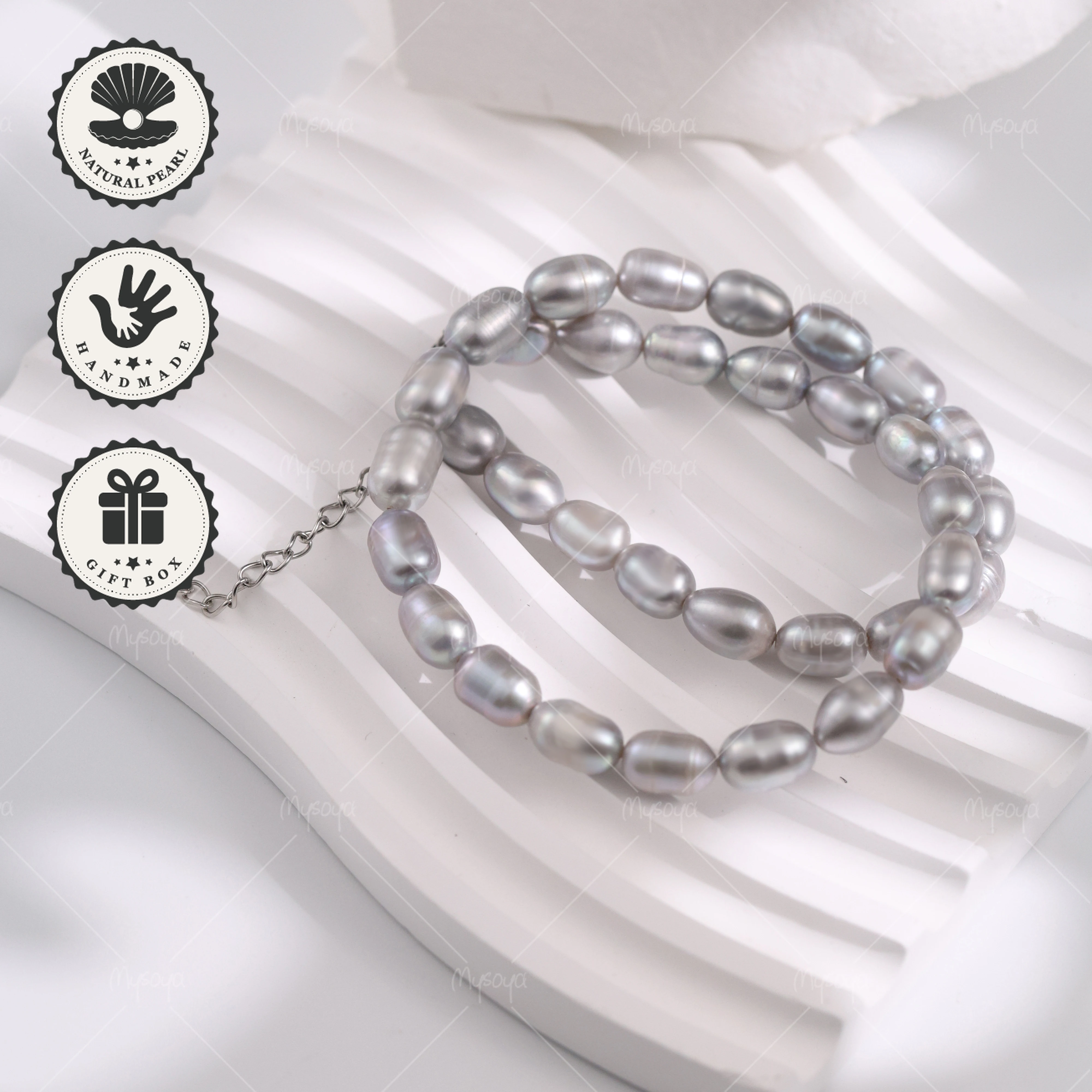 

Mysoya Gray Rice Freshwater Pearl Necklace 6–7mm Silvery Extension Chain With Gift Box Valentine’s Day Birthday Gift For Her