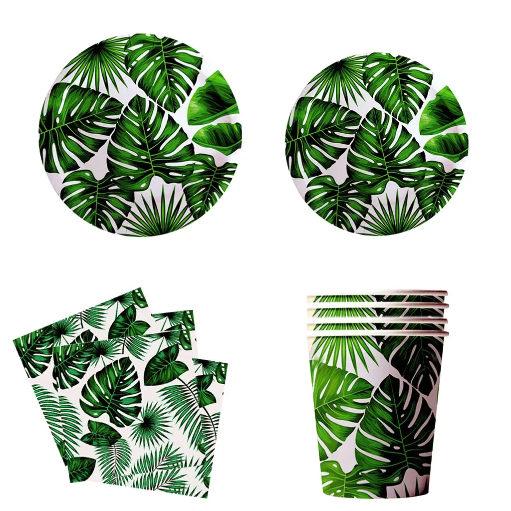 10Guests Hawaii Theme Disposable Tableware Turtle Leaves Green Tropical Plants Plates Cup Napkin Happy Summer Hawaii Party Decor