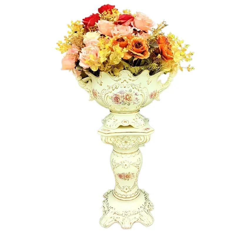 Living room European Roman column ceramic vase ornament Home decoration Hotel lobby floor-to-ceiling vase Simulation flower