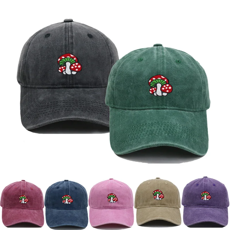 Washed Cotton Baseball Cap Cute Red Spotted Mushroom Dad Hat Adjustable Casual Sun Hat for Women Men Outdoor Travel Streetwear