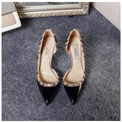 2024 Summer New Lacquer Leather Rivet Pointed High Heels Fashion Side Hollow Shallow Mouth Women's Thin Pumps Single Shoes 35-41