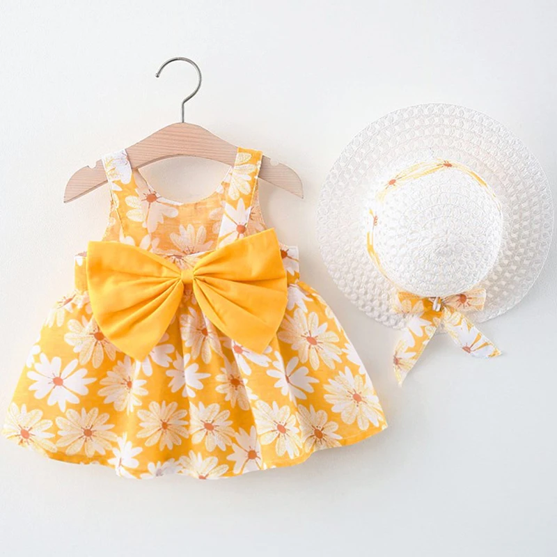 

2Piece Toddler Girl Dresses Korean Flowers Cute Bow Sleeveless Cotton Baby Beach Dress+Sunhat BC005-1