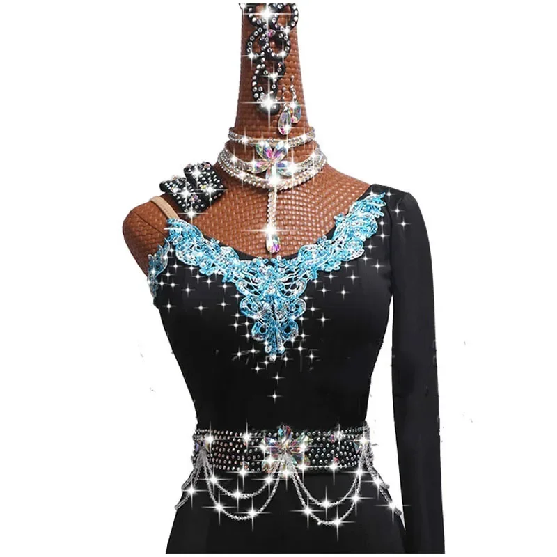 Vestido de baile latino con diamantes de imitación brillantes para mujer, ropa de competición, actuación de baile, Sexy, fuera del hombro, vestidos