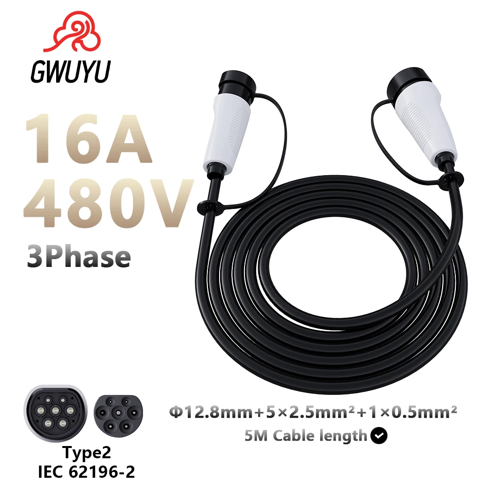 GWUYU O11 Car EV Charging Extension Cable 5M 3.5KW 7KW 11KW 22KW 16A 32A 3 Phase 250V 480V for Electric Vehicle Type 2 Charger