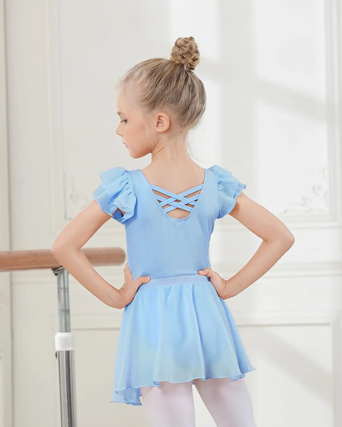 Leotardos de Ballet para niñas, vestido de Ballet de manga corta, Falda de baile extraíble, disfraz de bailarina para niños pequeños, vestido de baile con espalda hueca