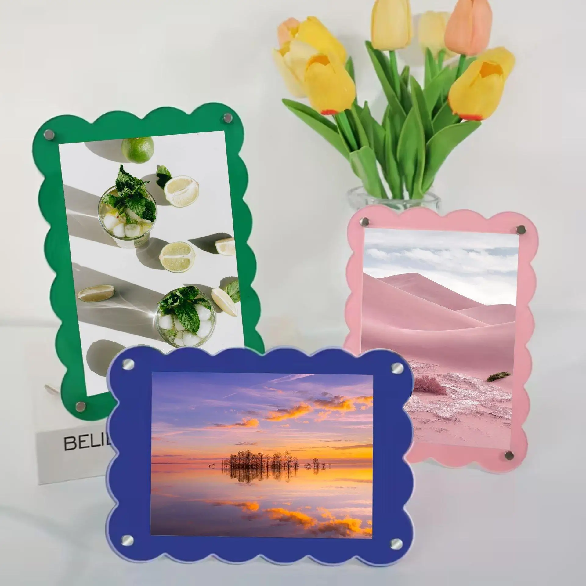 6/7/8/10 Colorful Double Acrylic Picture Frames - Pink And Blue Wave-shaped Transparent Display Stand Square Picture Frames