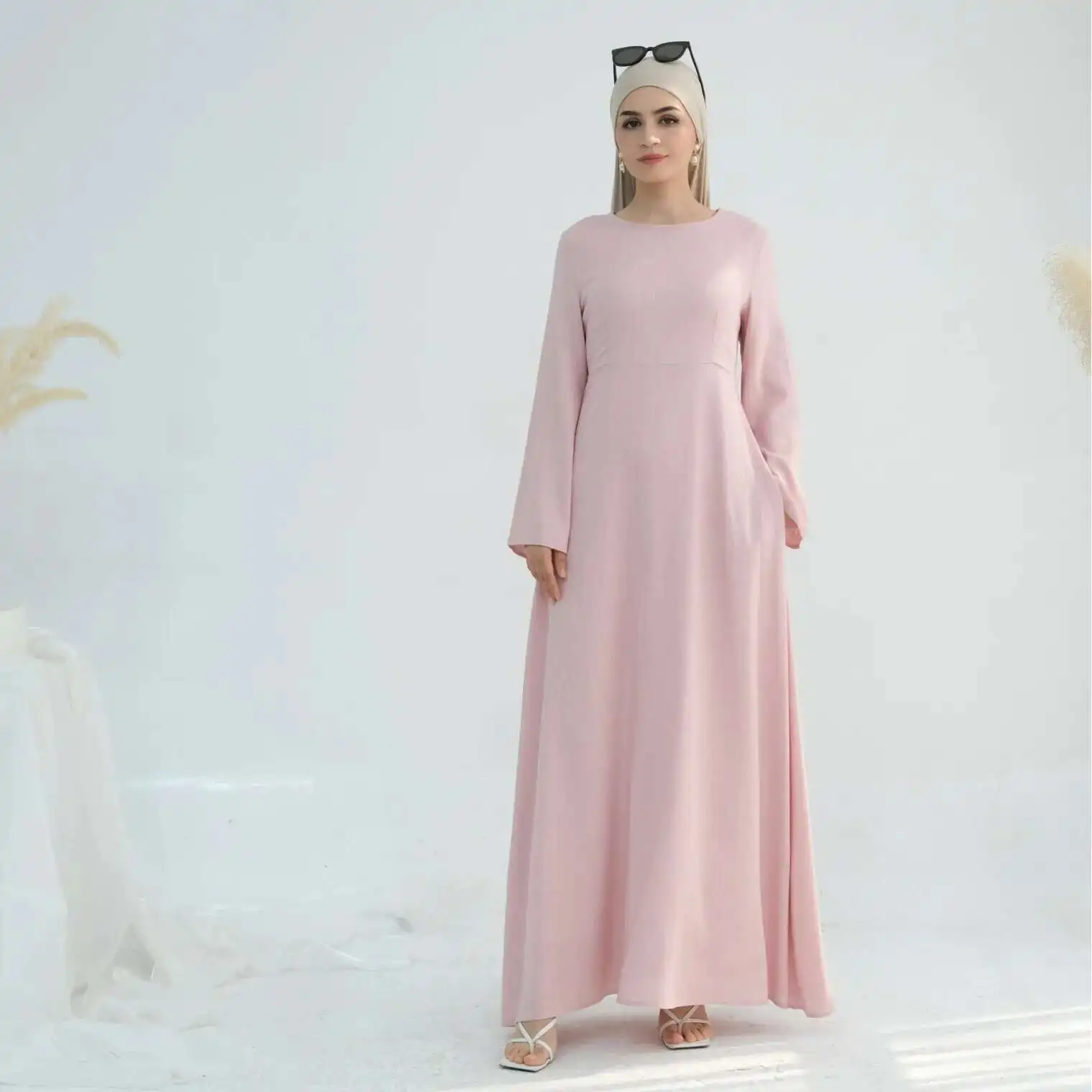 2025 Loriya Dubai Türkiye Solide Baumwolle Hanf Taille Robe Lr947 Muslimischen Langes Kleid Robe Abaya Ramadan Dubai Luxus Islam Elegant