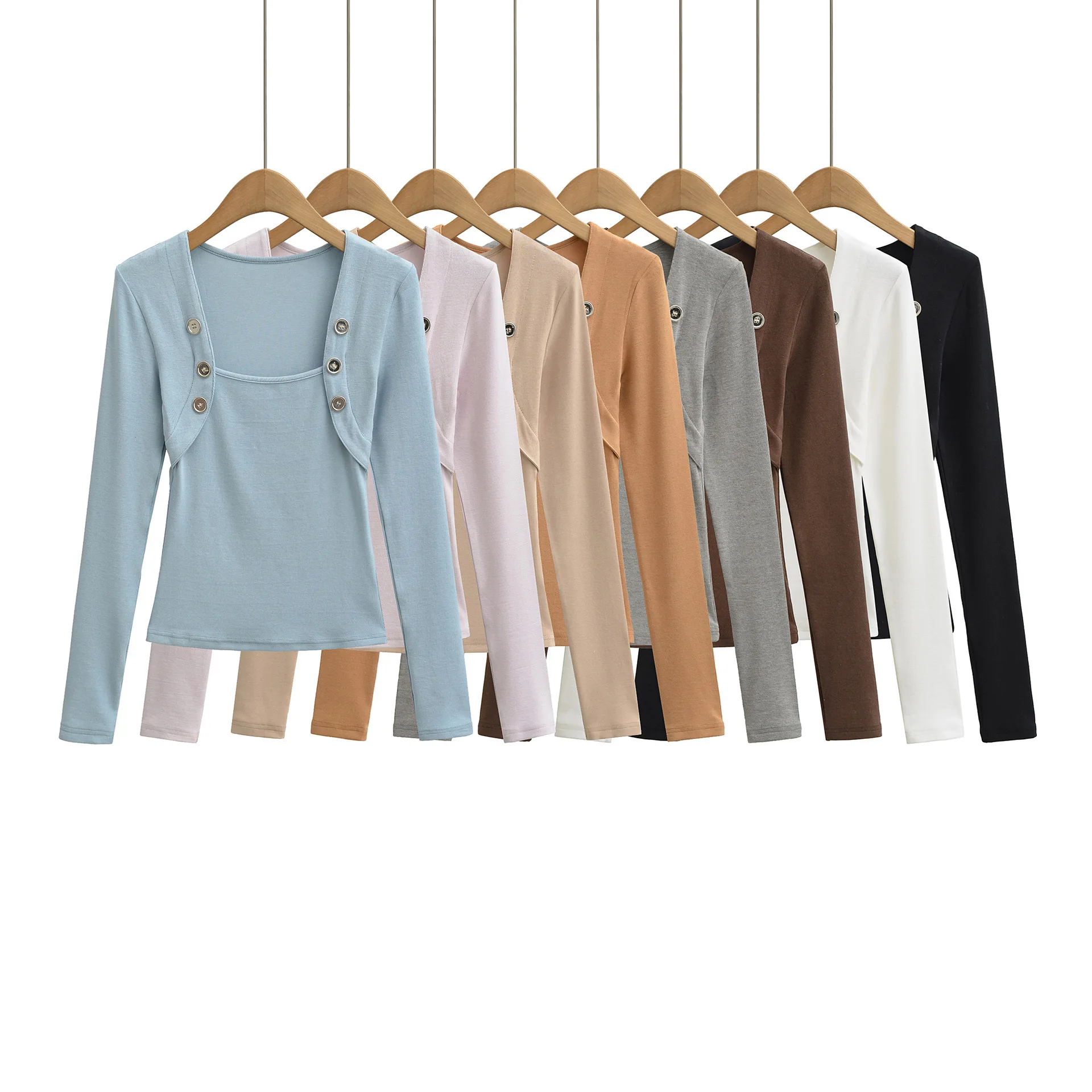 Purely desirable sweet and spicy girl slim-fit base shirt for women unique and beautiful square-neck metal buckle long-sleeve IX