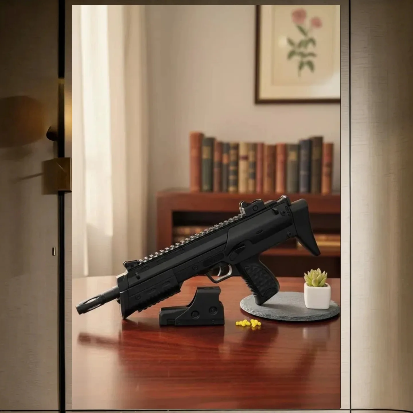 Tactical Submachine Metal Tin Sign-Black SMG Model with Red Dot Scope-Cool Military Wall Plaque for Office,Man Cave Decoration