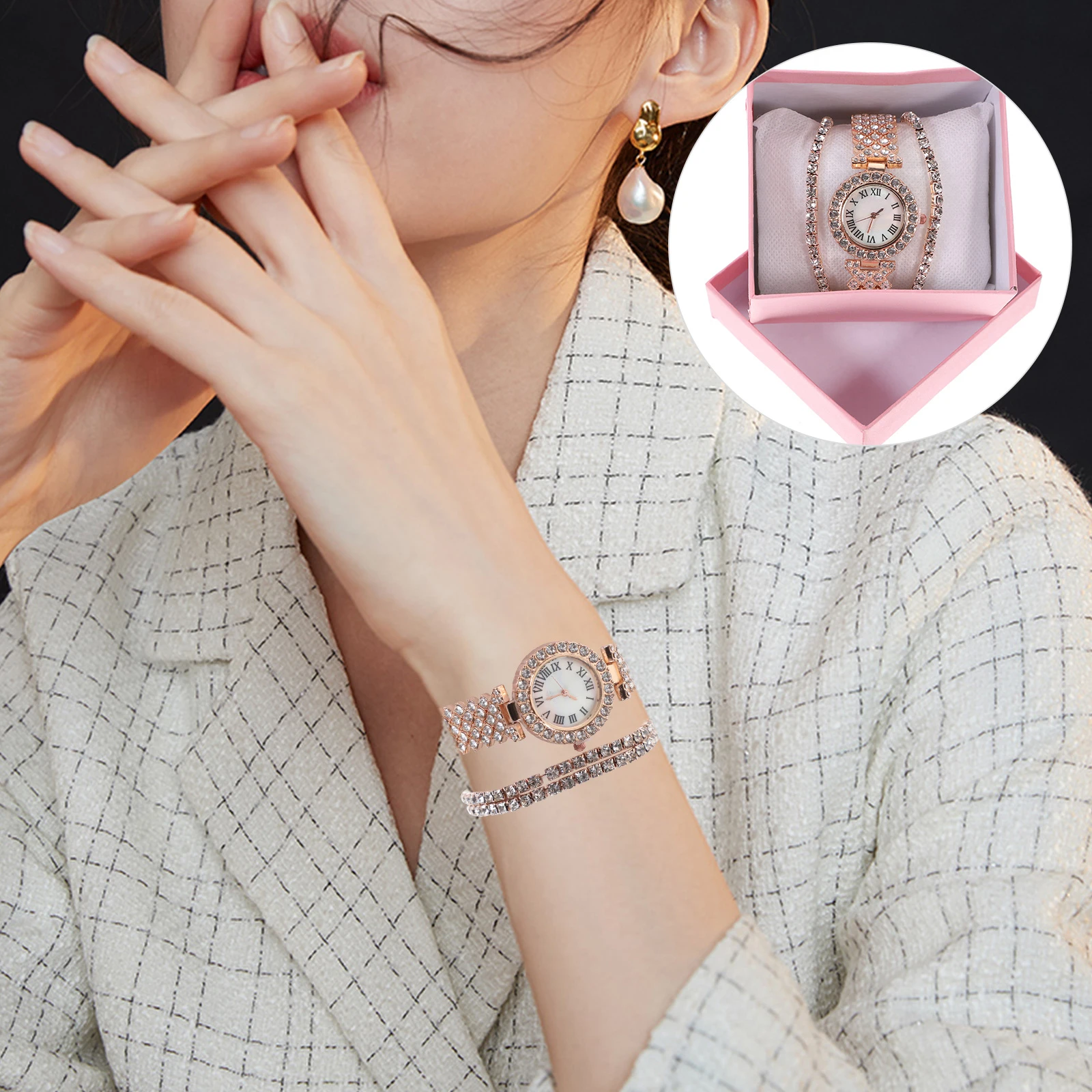 

2pcs Double-layer Diamond-set Quartz Watch Bracelet Stainless Steel Rhinestone Watches Rose Gold Women Fashion Lightweight Daily